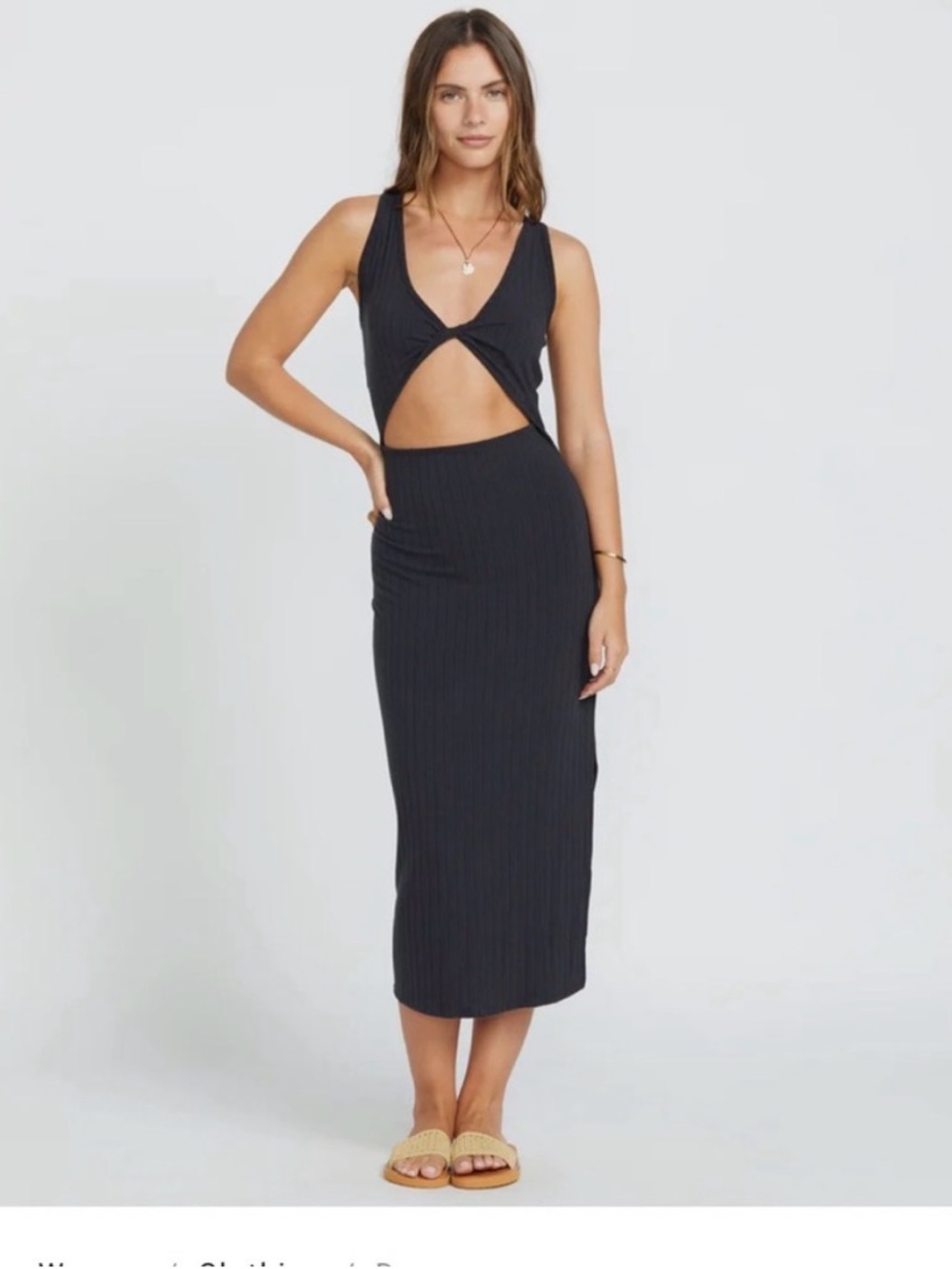 Billabong Black Ribbed Twist Cutout Midi Dress